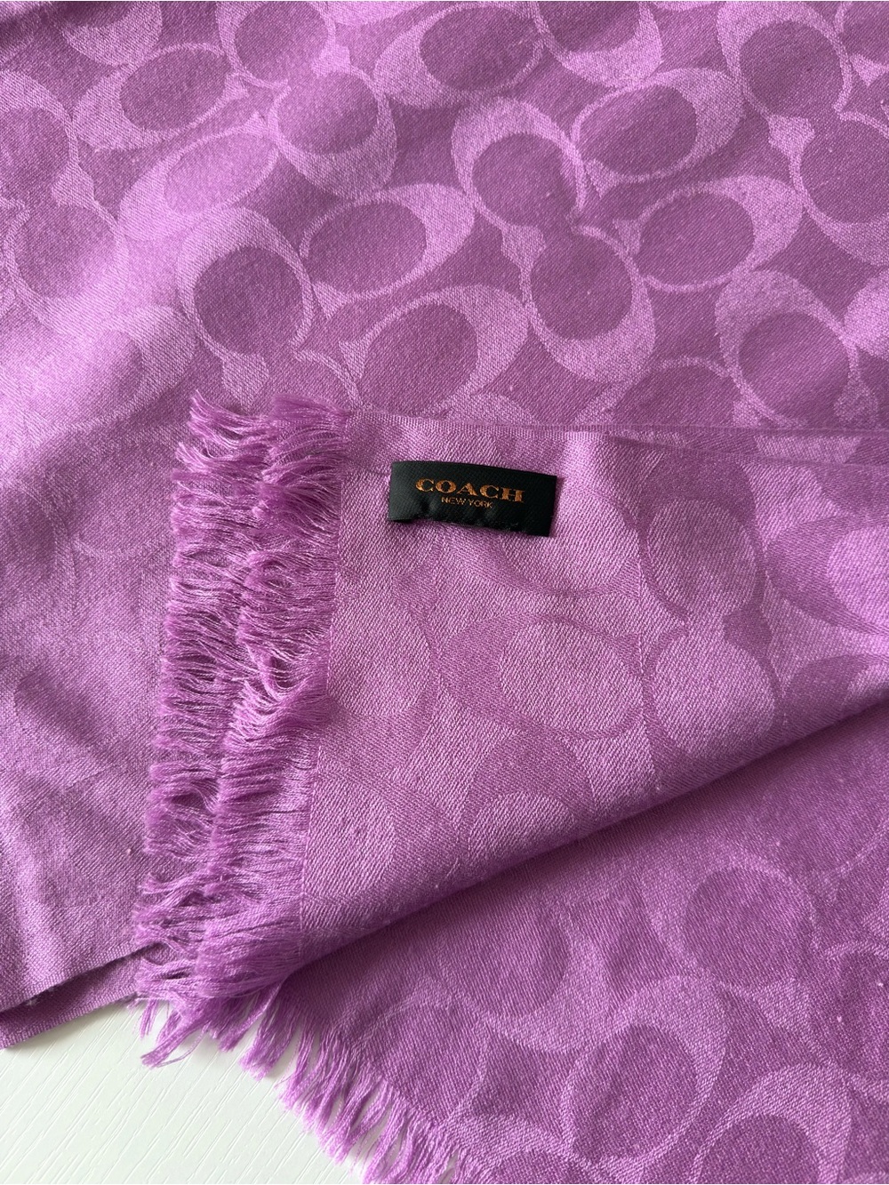 Coach Signature C Purple Scarf Wrap Silk Cotton Blend 24” x 64”
